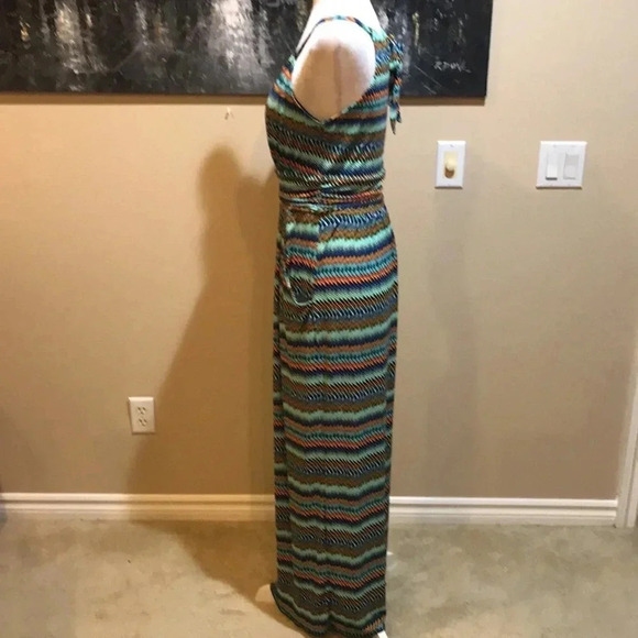 Donna Ricco New York Blue/Green/Orange Striped Halter Maxi Dress w/Pockets-Sz 6 - Picture 3 of 5